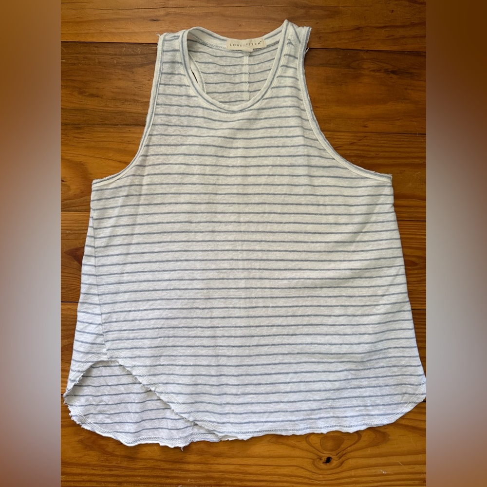Striped White and Light Blue Sleeveless Linen Tank Top
